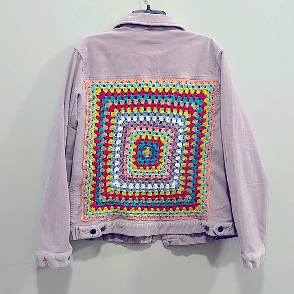 Hand Crafted Jackets & Coats Pink Velour Jean Jacket Crochet Back Large Granny Square